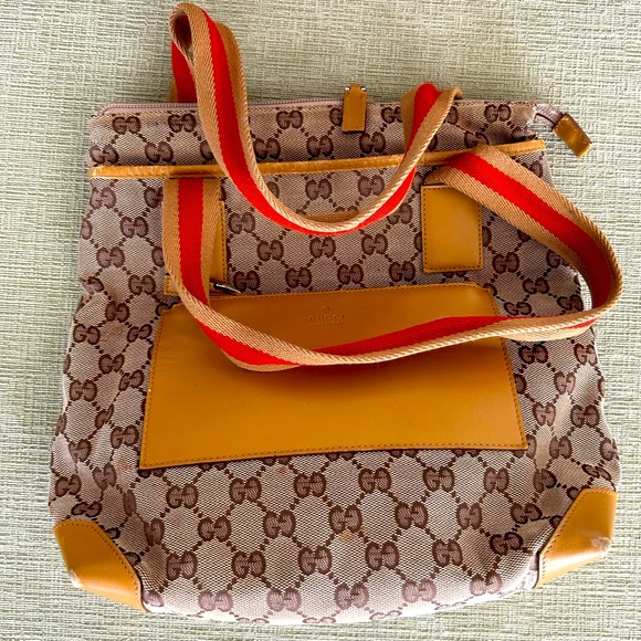 GUCCI AUTHENTIC GG CANVAS/LEATHER SHERRY TOTE - Picture 1 of 11